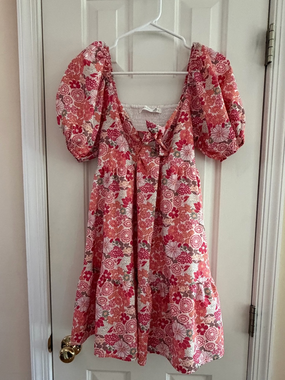 Coral and Pink Floral Puff-Sleeve Dress